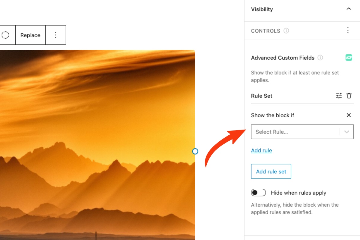 Adding a rule to the Advanced Custom Fields control in Block Visibility Pro.
