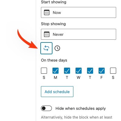 Day of Week settings in Block Visibility.