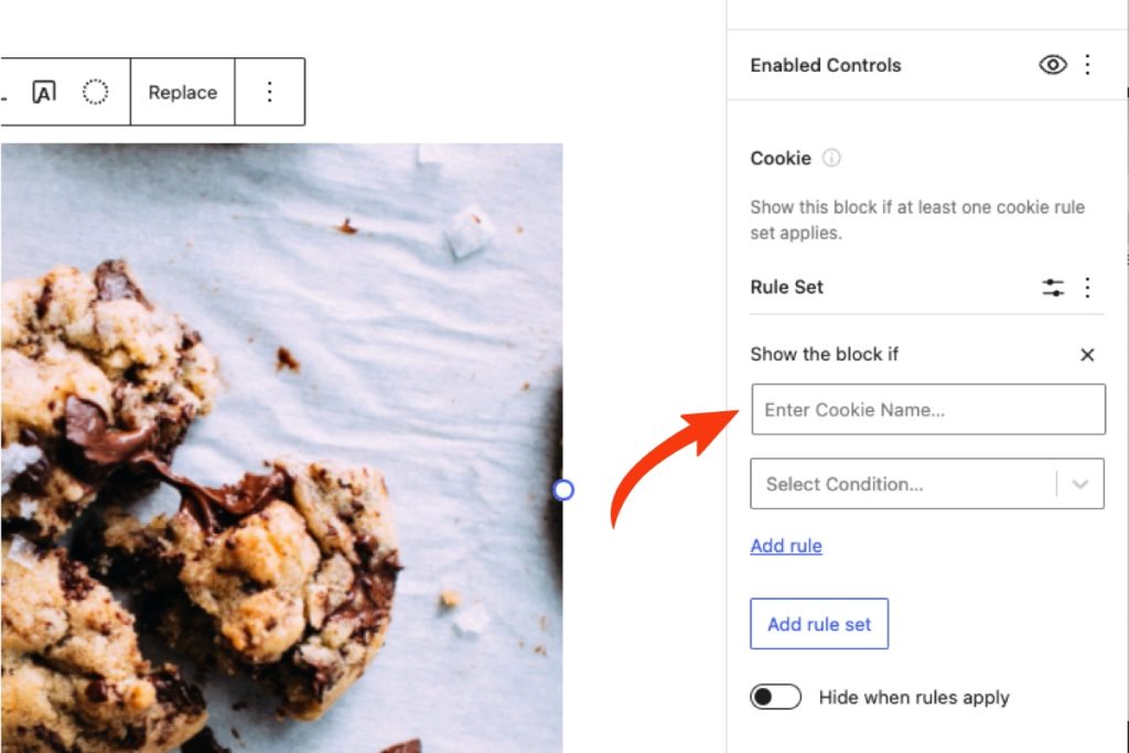 Cookie rules and rule sets in the block settings sidebar.